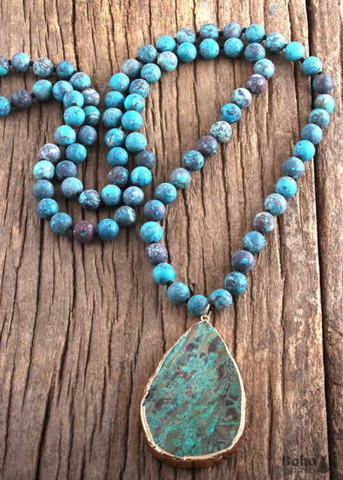 Boho Necklace, RH India Agated Blue and Green Natural Stone